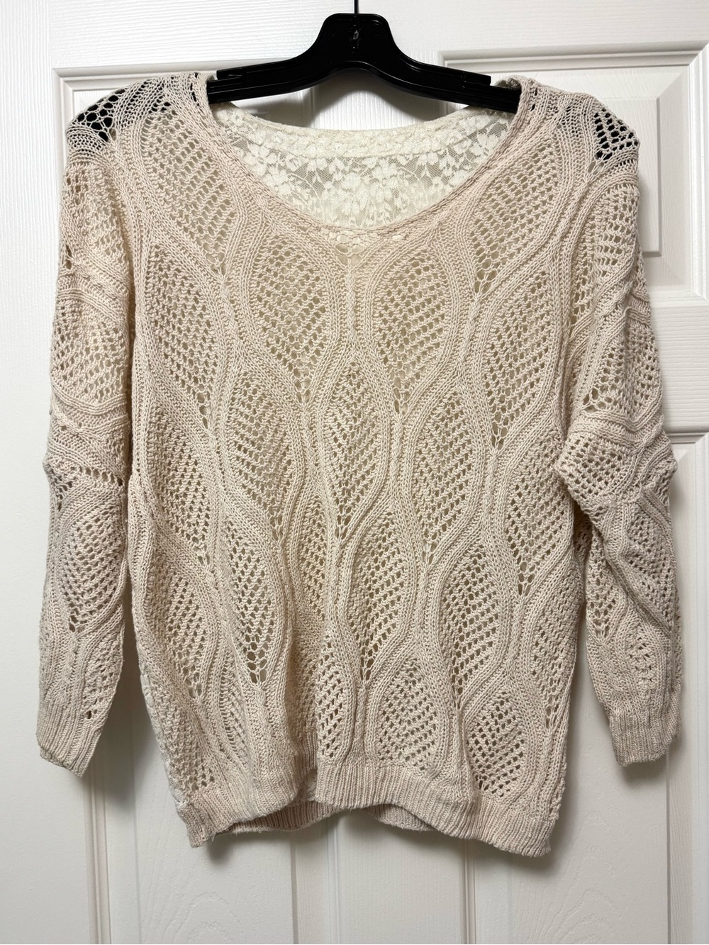 Women's Open-Knit Scoop Neck Sweater in Light Cream